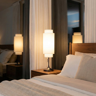 Lollipop Table Lamp - Black Nickel,  Linen Double Shade, On/Off Pull Chain