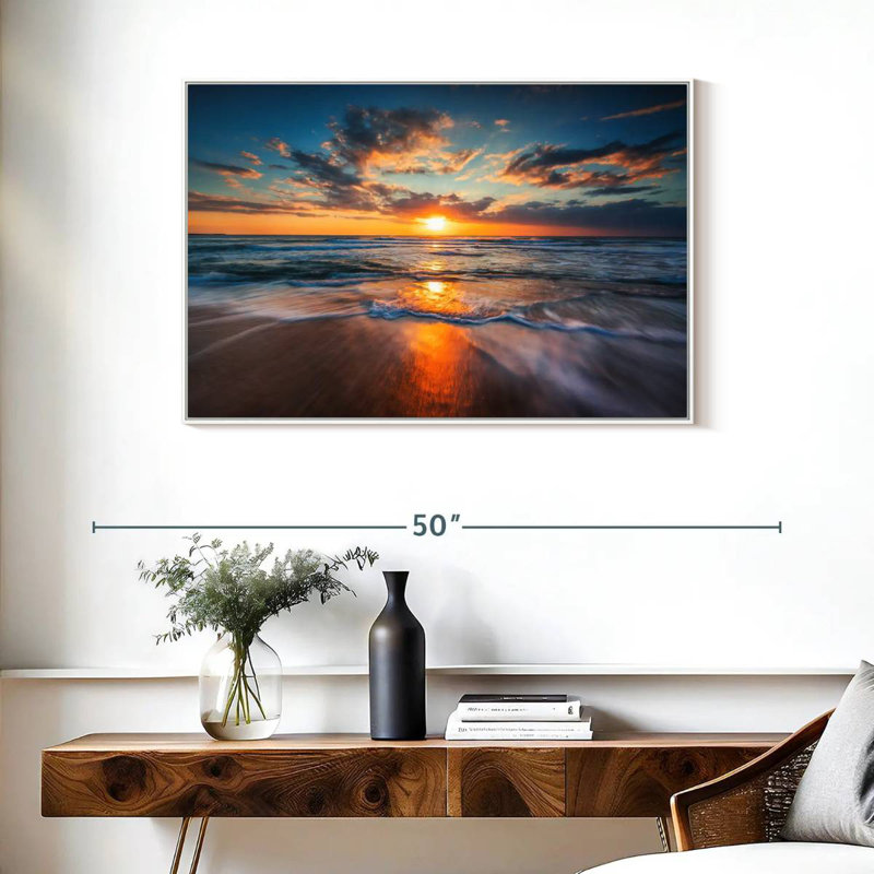 Été, océan, lever de soleil, Cadre flottant blanc, 37 po x 25 po