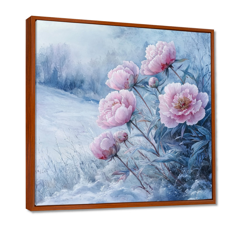 Pivoines dans le champ couvert de givre II - pivoines, art mural, Impression encadrée flottante, Brun, H 16 po x l 16 po