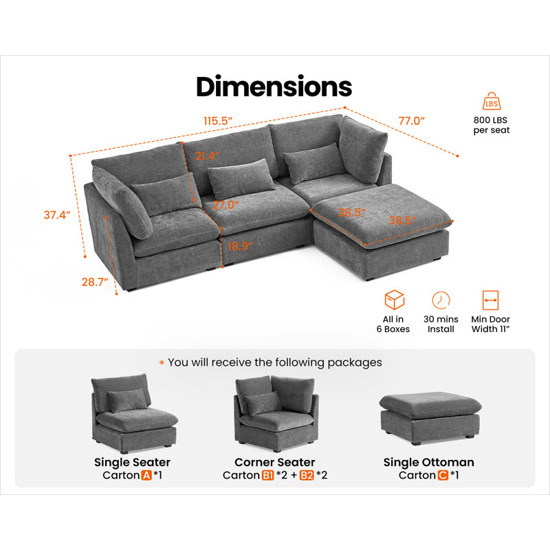4 Seat L-shaped Chenille Sofa Oversized Modular Sofa Extra Deep Cloud Corduroy Sectional Couch With Ottoman Chaise Fsc Certified Fluffy