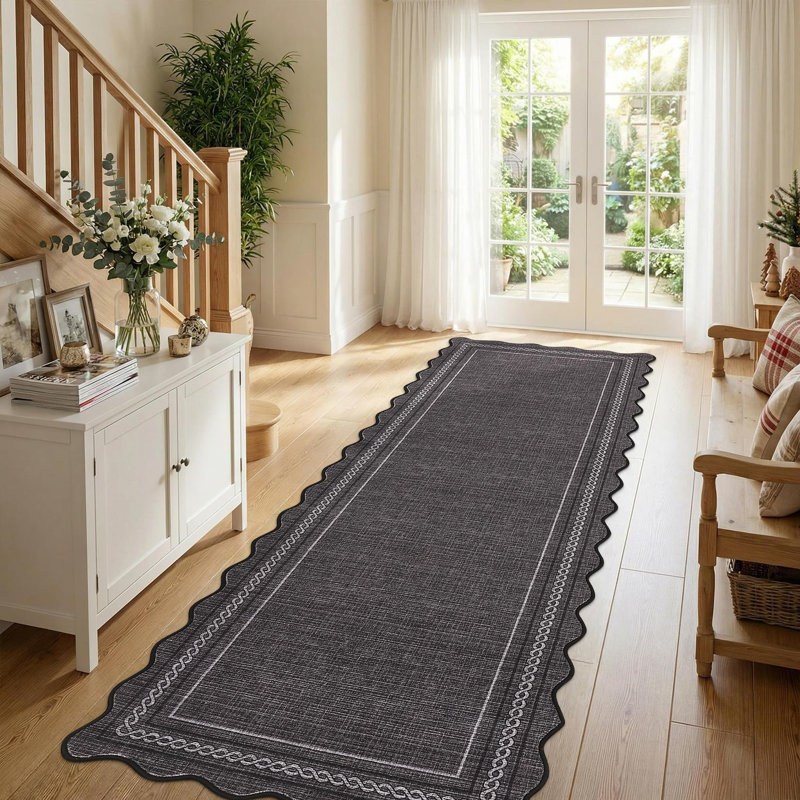 Scalloped Machine Washable Area Rug with Non Slip Backing Soft Faux Wool Low Pile Stain Resistant Easy Cleaning Carpet for Living Room Bedroom