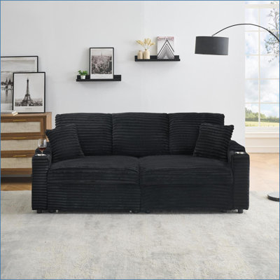 Sofas Couches, 80-Inch 2-in-1 Folding Sofa Chaise with Cup Holder &amp; Pillows, Sage Green | Mid-Century Modern | Corduroy