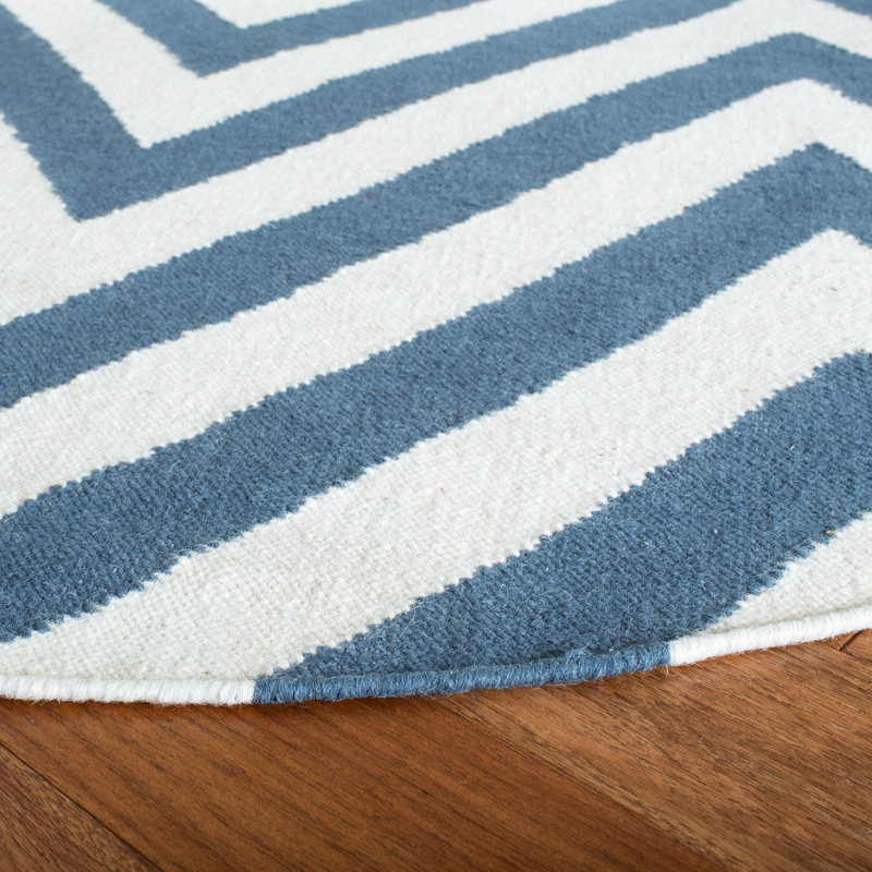 Dhurries Hand Woven Flat Weave Wool/Cotton Chevron Rug in Blue/Ivory, Round 6'