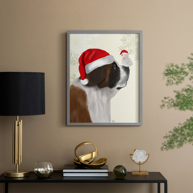 «Christmas St Bernard and Fluffy Owl», reproduction encadrée - bois massif, H 15 po x l 12 po, Gris
