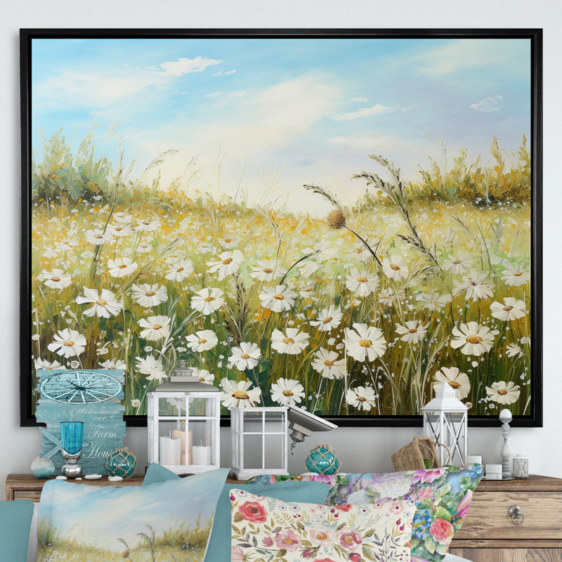 Champ de fleurs marguerites au soleil, Cadre flottant noir, H 24 po x l 32 po x P 1 po