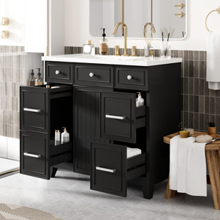 36-inch combined bathroom cabinet set with sink, single Resin sink, hourglass-shaped cabinet, equipped with soft closing doors and 3 drawers