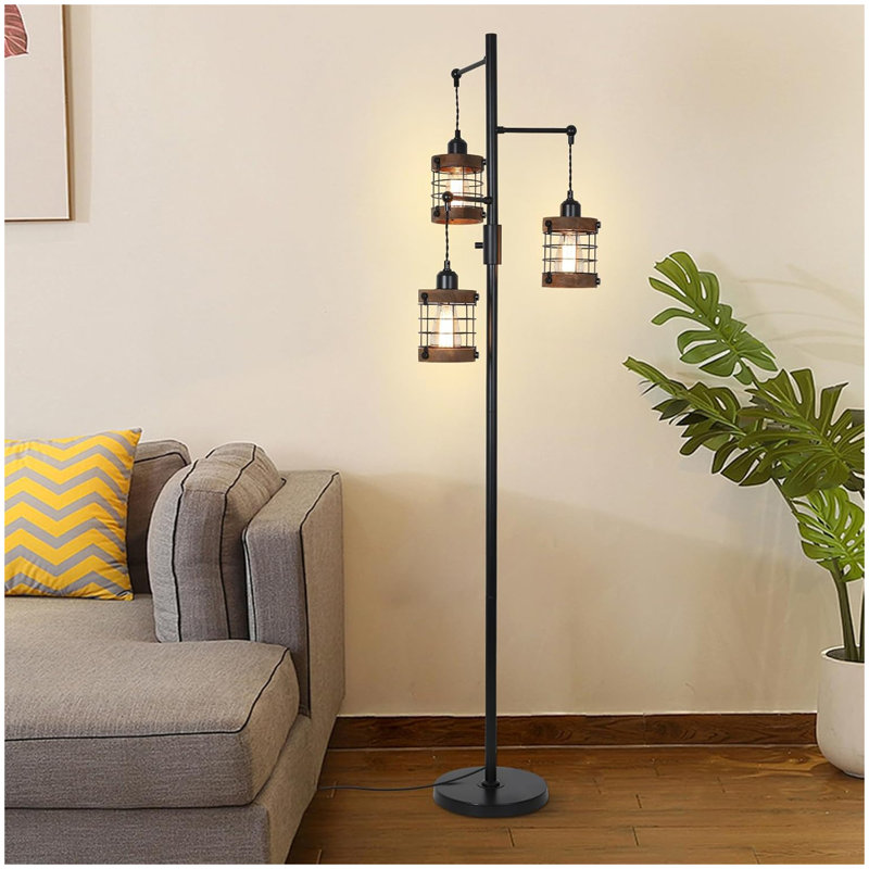 Lampe sur pied industrielle à 3 lumières avec cage en bois et métal Airposta