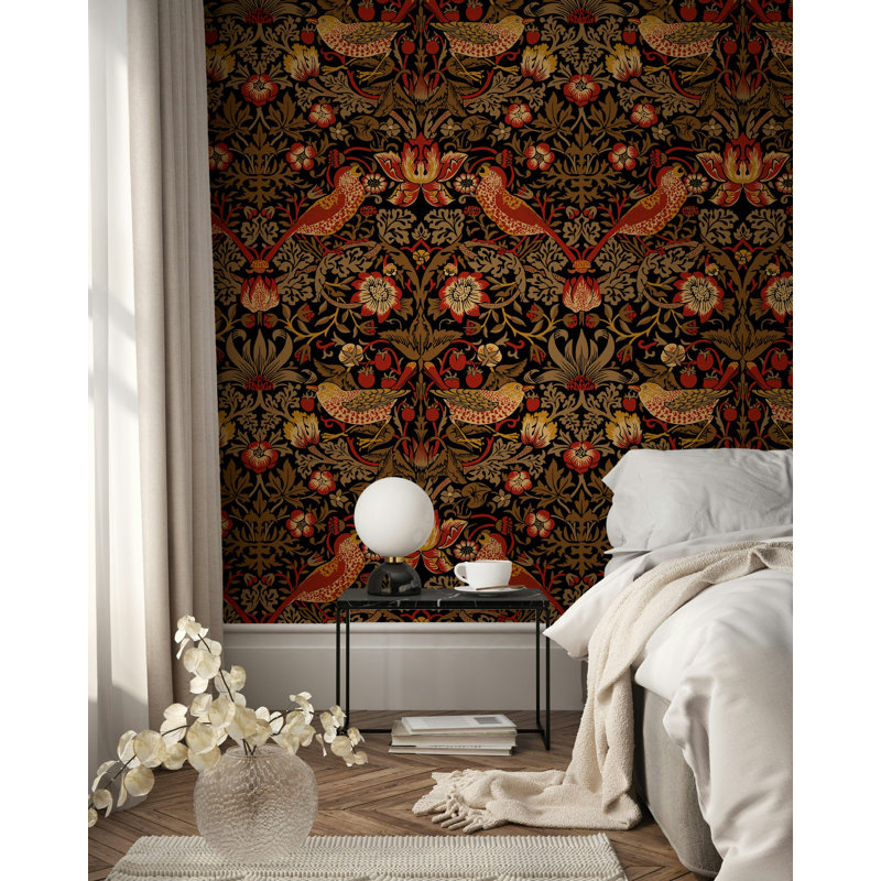 Papier peint damassé rétro avec motif floral noir et rouge, L 50 po x l 75 po
