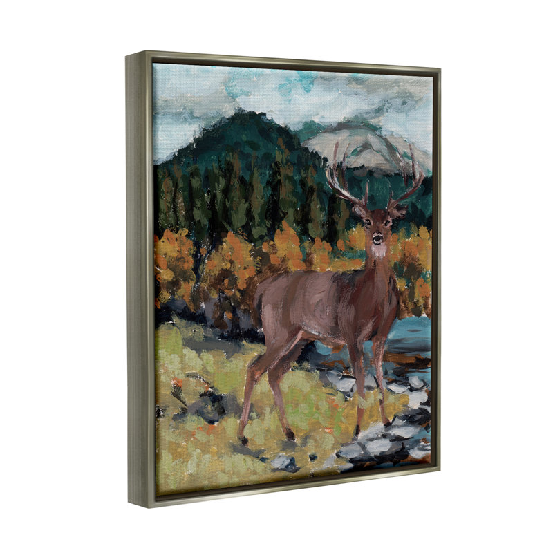 Cerf, rivière, paysage - peinture, H 31 po x l 25 po x P 1,7 po, Cadre flottant gris lustré