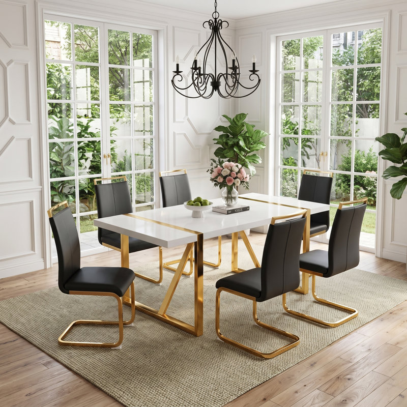 Ensemble de salle à manger 7 pièces rectangulaire moderne ultrabrillant Glam avec chaises en porte-à-faux en similicuir, Noir