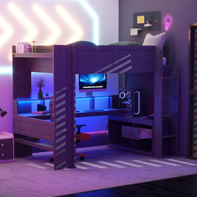 Lit mezzanine avec bureau Gaming, tablettes multi-rangements, DEL et station de charge, gris foncé