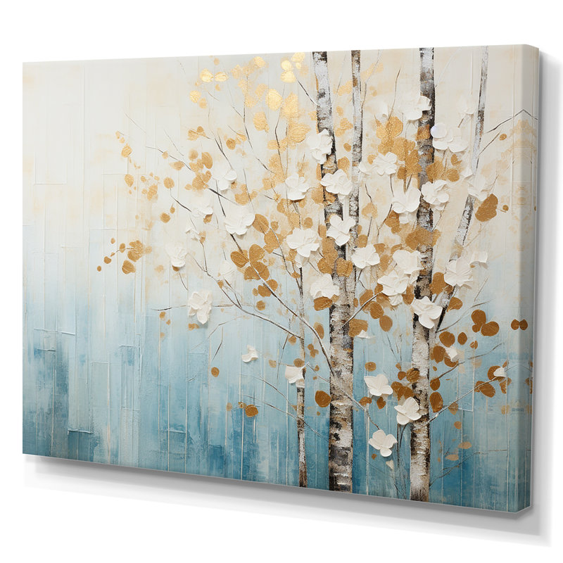 Minimalisme bleu et forêt dorée I - art mural forêt, Toile tendue, H 24 po x l 32 po x P 1 po