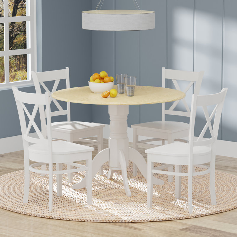 Ensemble de salle à manger en bois massif Traditions, Blanc, Naturel / Blanc, Ensemble repas 5 pièces