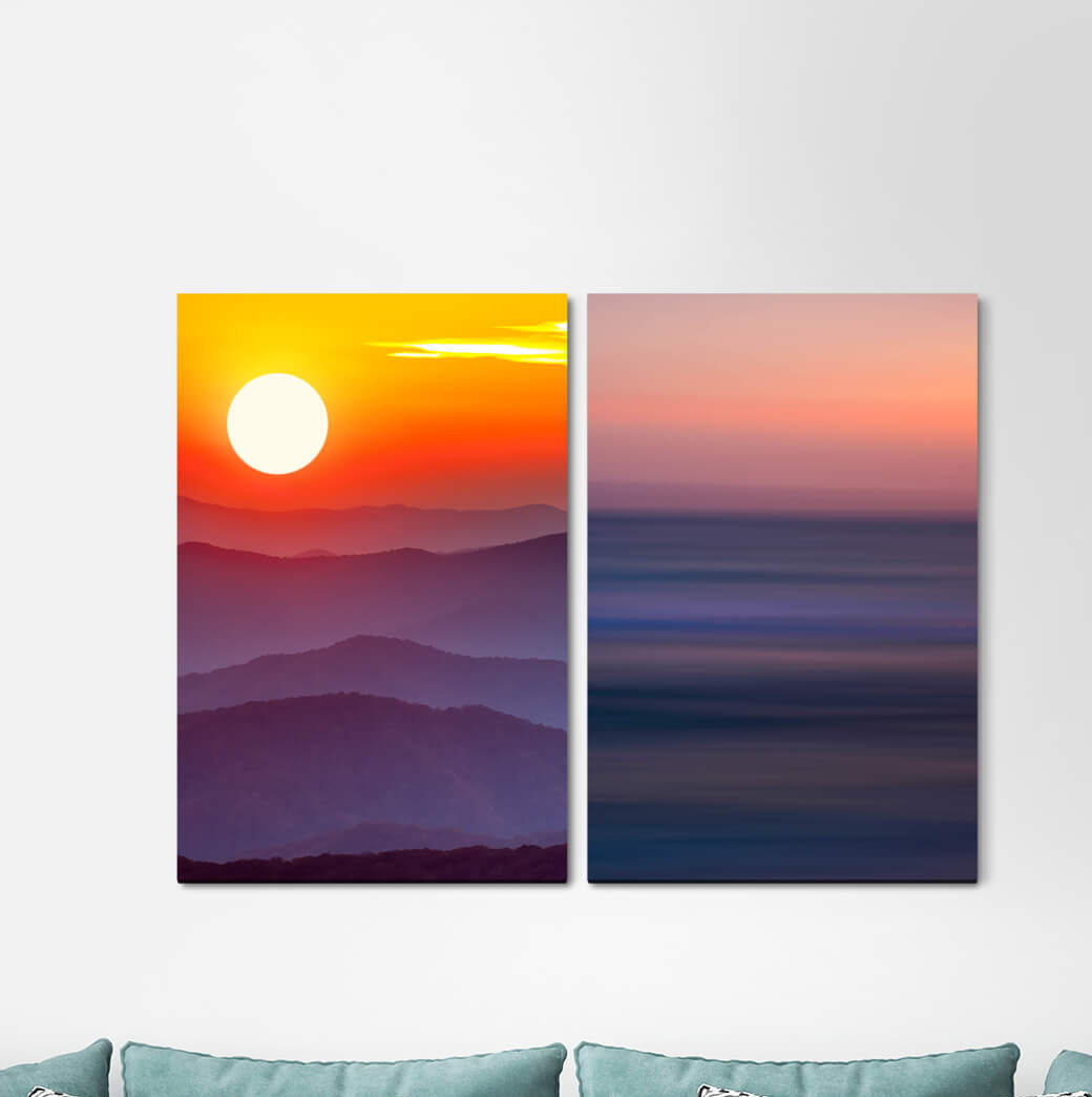 2-tlg. Leinwandbilder-Set - Fotografie „Mountains Sun Red Sky Calm Power Horizon Harmony”