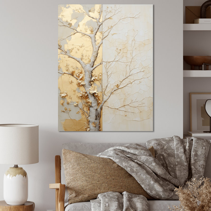 Gold And Beige Tree Amercian Basswood - Tree Amercian Basswood Wall Art, Wrapped Canvas, 32" H x 16" W x 1" D