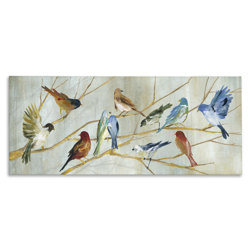 Oiseaux au repos, branches d'arbres d'automne, bleu, rouge, brun, estampe numérique encadrée, art texturé par Carol Robinson