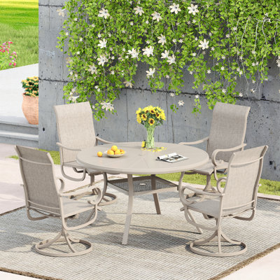 Ensemble de salle à manger en aluminium pour patio avec table ronde en aluminium et 4 chaises de salle à manger pivotantes en textilène