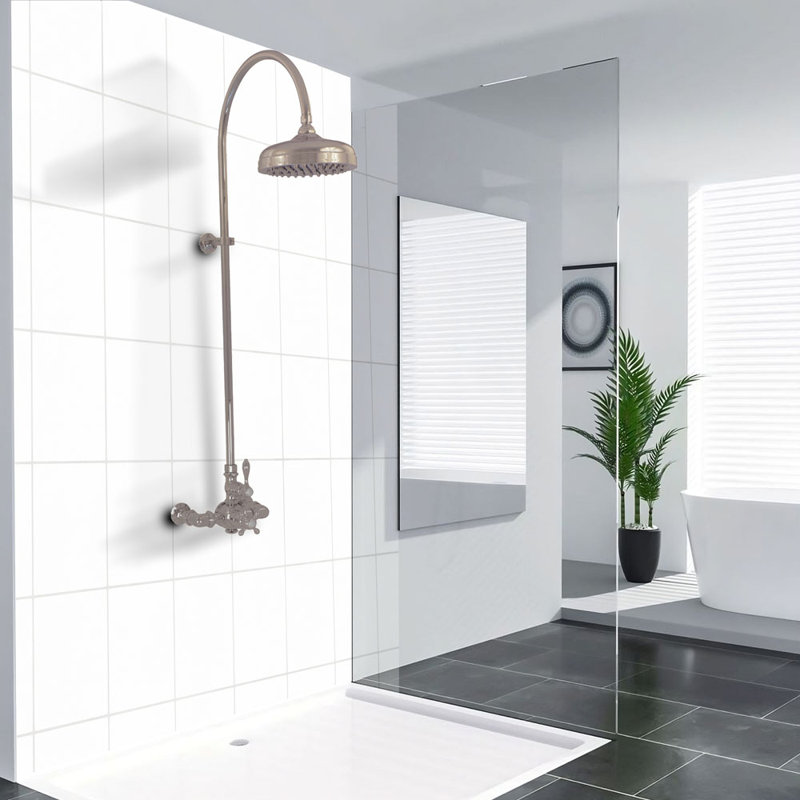 Système de douche thermostatique exposé 52 po mural avec poignées levier / croix 1,75 GPM, Nickel poli