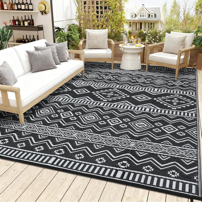 9x12 FT Black/White Reversible Outdoor Waterproof Rug, Plastic Straw RV Mat, Stain Resistant Indoor Outdoor Carpet for Patio Deck Balcony Picnic Beach