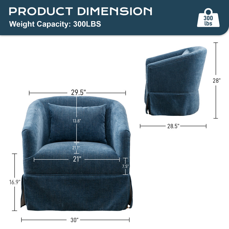 Blue Linen Swivel Barrel Chair Set with Lumbar Pillow