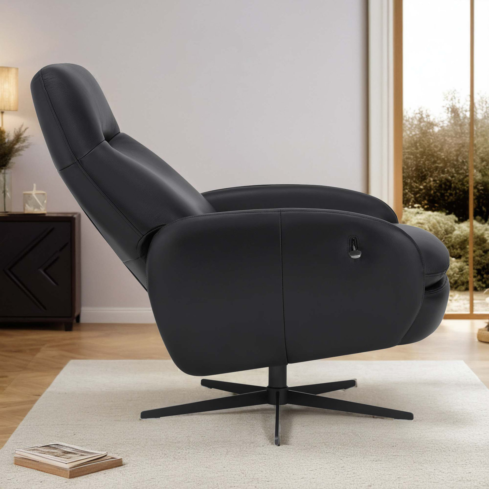 Danva 32" Genuine Leather Manual Swivel Recliner, Florida Black Genuine Leather