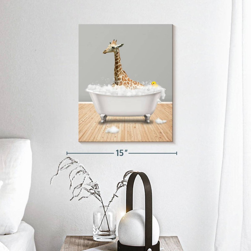 Impression sur toile, girafe et baignoire, H 15 po x l 12 po x P 1,25 po