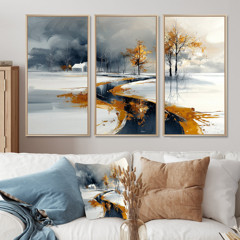 Or et blanc route givrée en hiver II - ensemble d'art mural paysage d'hiver, Toile naturelle avec cadre flottant