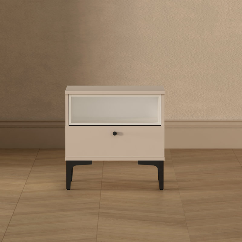 Amara 20" W Modern Nightstand with 1 Full Extension Drawer and Metal Legs in Pale Rose and White, Pale Rose/White