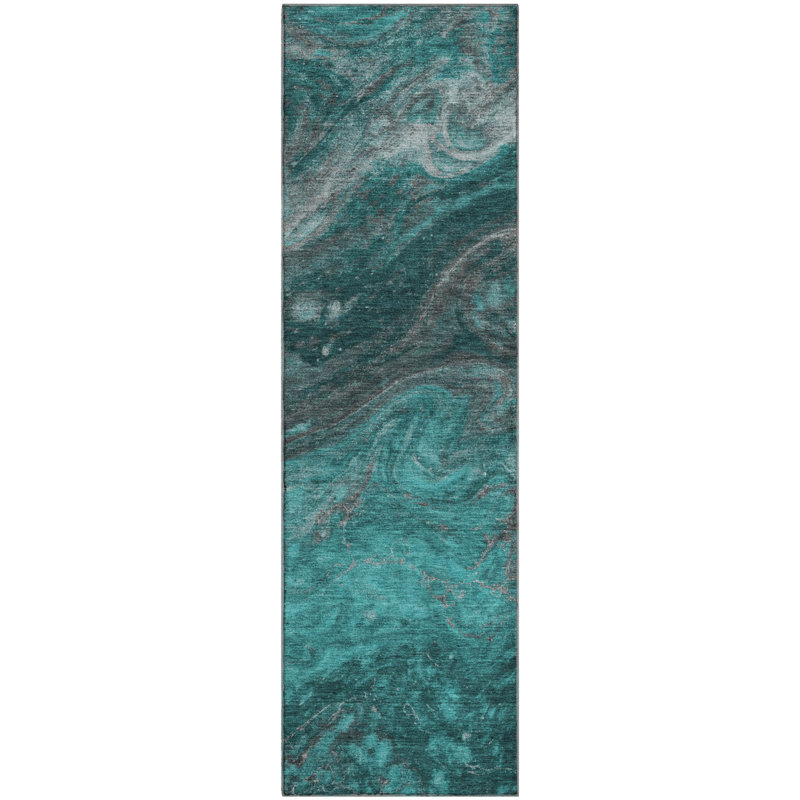 Premium Machine Washable Cerrito AMF599 Teal Rug, Runner 2'3" x 7'6"