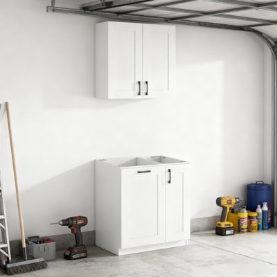 2-Piece White Garage Storage Cabinet System