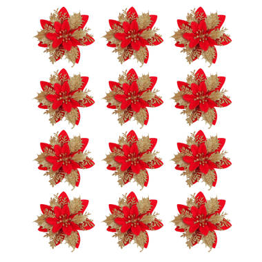 Christmas Decorations Glitter Artificial Flowers with Clips Stems for Christmas Tree Decor (Set of 12) The Holiday Aisle Color: Red