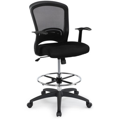 Ergonomic Mid-back Mesh Adjustable Drafting Chair With Foot Ring, Standing-desk Matched Tall Swivel Computer Office Stool, Black
