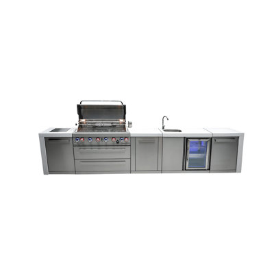 Îlot de cuisine modulaire de luxe en acier inoxydable de luxe avec réfrigérateur et évier de cuisine de Mont Alpi de qualité supérieure l 157 po x P 23 po x H 46 po + barbecue à 6 brûleurs de 44 po + comptoirs en granite + armoires de rangement + convertible au gaz naturel + à vie Garantie