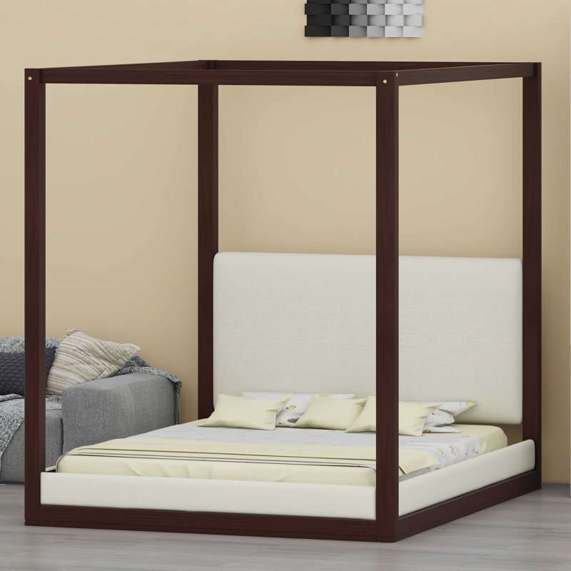 Élégante base de lit à baldaquin avec tête de lit rembourrée, Espresso