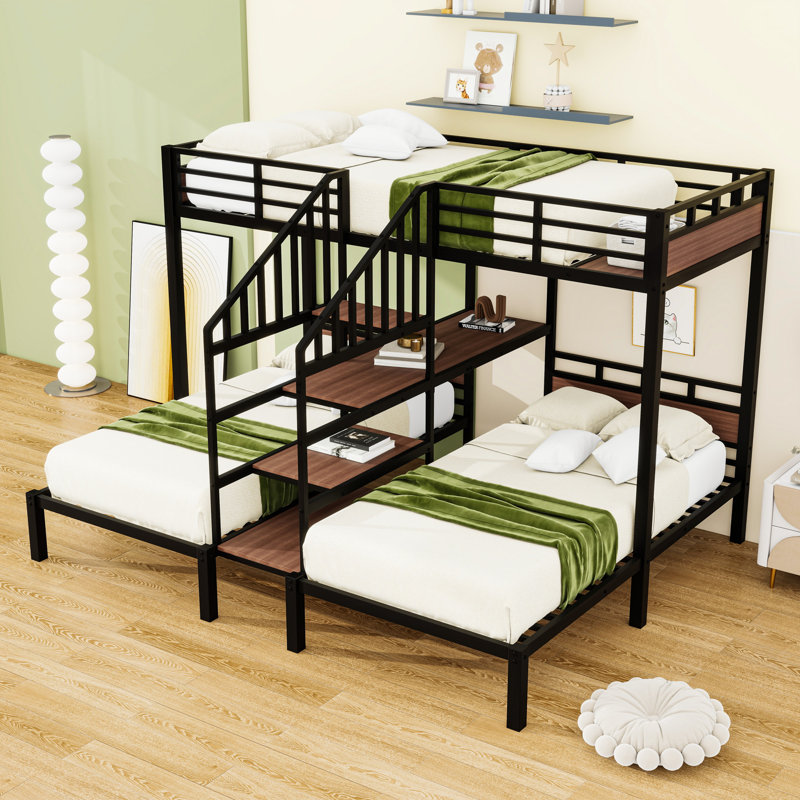 Triple Metal Bunk Bed With Storage Shelves And Stairs, Twin Over Twin/Twin