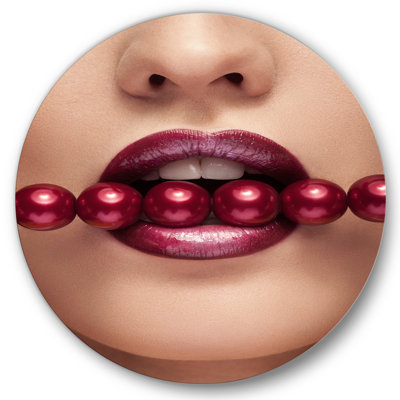 Woman With Red Pearls In Mouth In A Sensual Pose - Unframed Photograph on Metal
