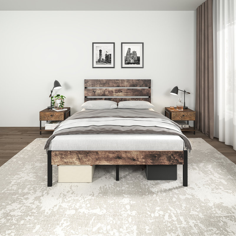 Metal Platform Bed Frame With Wooden Headboard,and Footboardno Box Spring Needed , King
