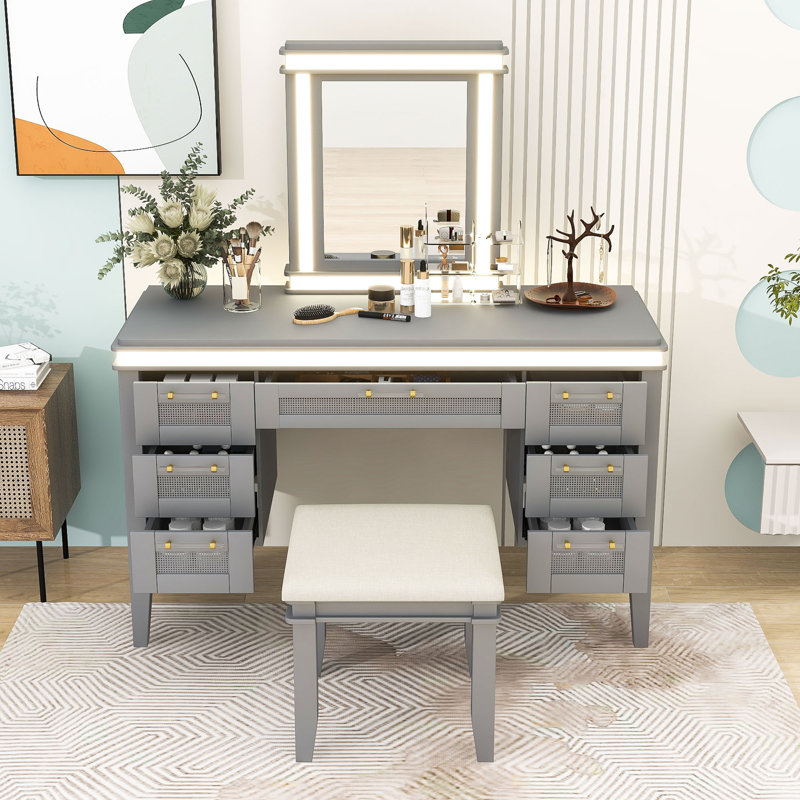 Bureau de coiffeuse avec miroir à DEL, 7 tiroirs, tabouret rembourré, conception à tiroir creux classique, Bleu gris