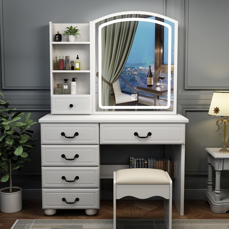 Meuble-lavabo tendance avec lumières et miroir - 3 modes de couleur, boîte de rangement cubique abondante, éclairage de bureau blanc, espace de tiroir, qualité