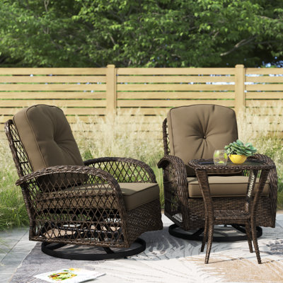 Denison 2-Person Outdoor Seating Group, Wicker Swivel Chairs with Cushions and Side Table by Beachcrest Home