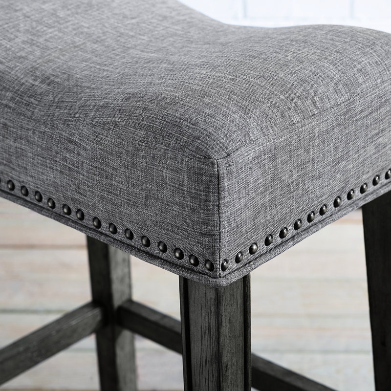 Gray Backless Saddle Seat Bar Stools, 29" Height, Of 2. Made Genuine Wood With Weathered Finish. Upholstered In Grey. Contemporary Style For Home. 18"W X 13"D 29"H. Some Assembly Needed 29". Real