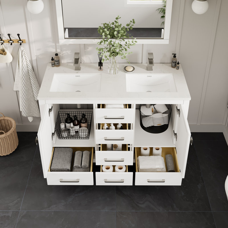 Eviva London 48"W X 18"D Double Sink Bathroom Vanity With White Carrara Quartz Countertop And Undermount Porcelain Sinks, 48"