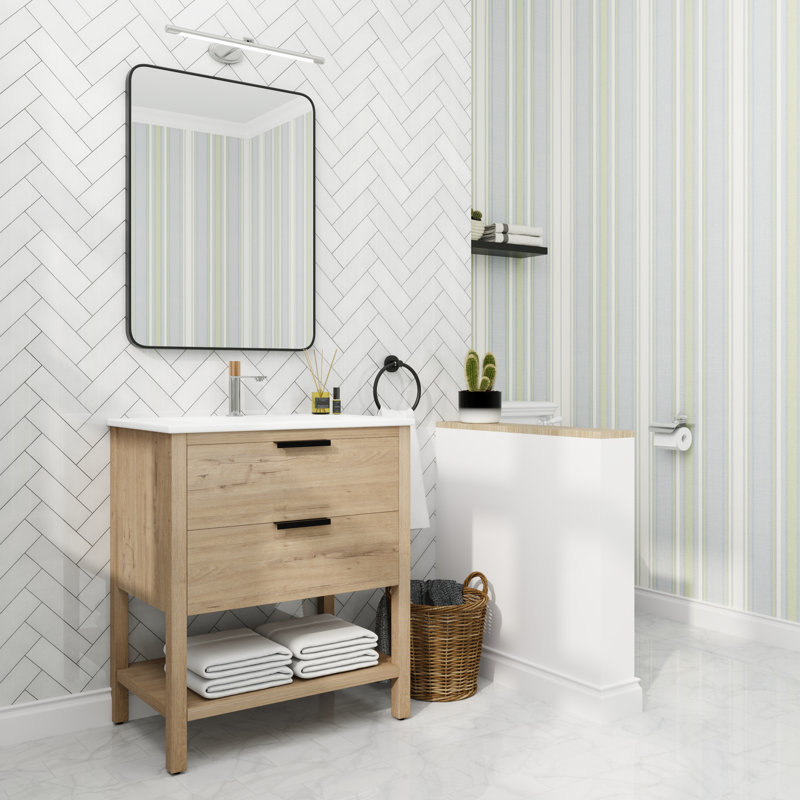 Ensemble de meuble-lavabo simple 30 po Rasharn, Blanc, Châtaignier noir / or