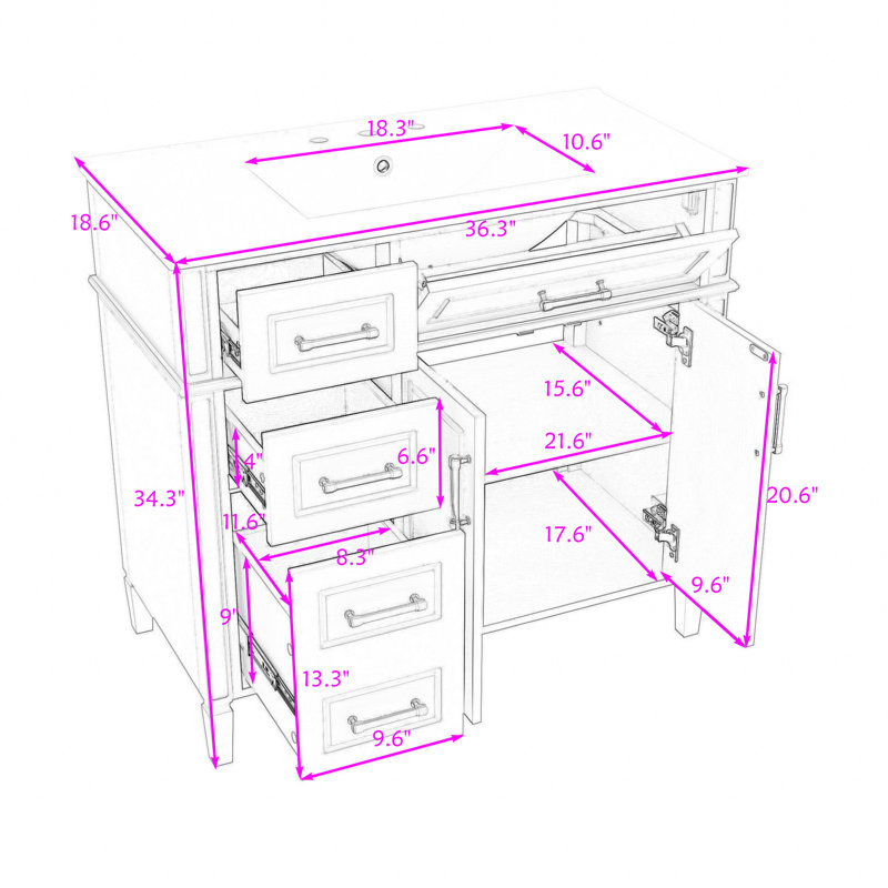 Meuble-lavabo 4 tiroirs avec tablette réglable et lavabo en céramique, Blanc