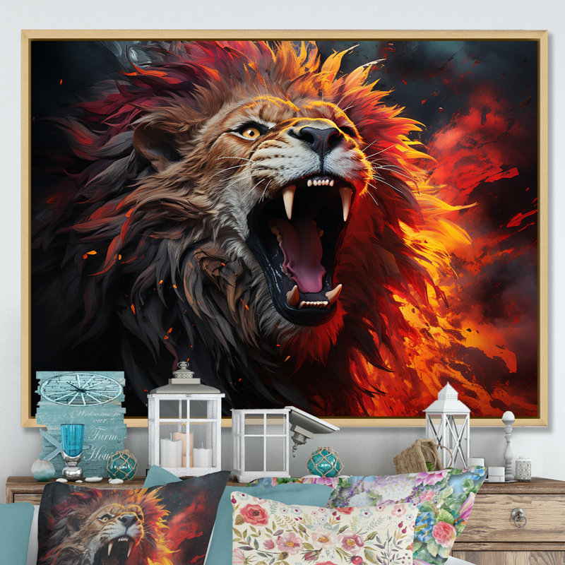 Lions rugissants - impression, Cadre flottant brun, H 16 po x l 32 po x P 1 po