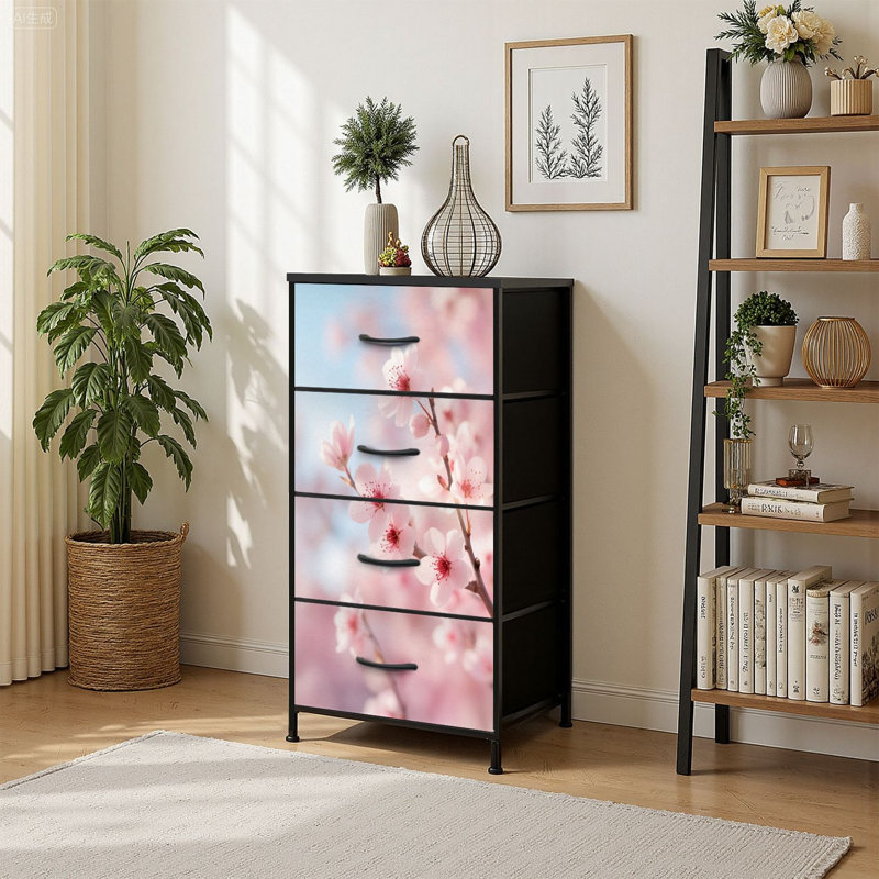 Commode 4 tiroirs avec tiroirs verticaux délicats à branches de cerisier en fleurs bleu ciel doux avec plateau en bois