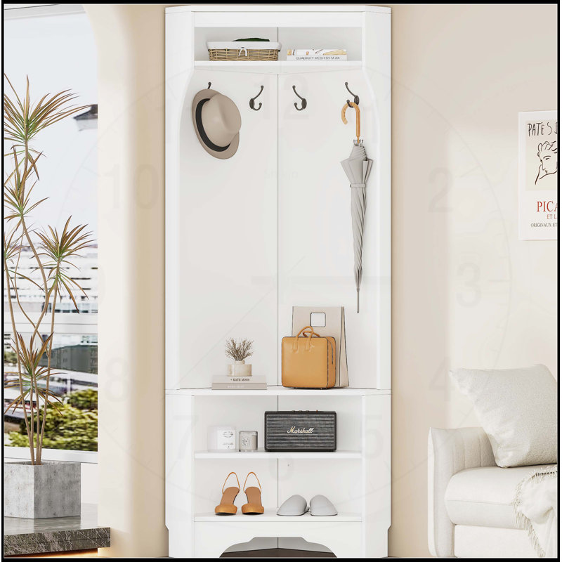 Minimalist Corner Hall Tree with Shoe Bench and Coat Rack, Space-Saving Design with Adjustable Shelf for Entryways, White
