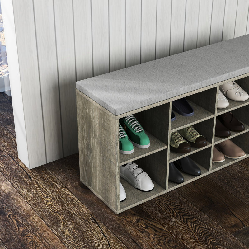 Multifunctional Shoe Bench, Cushion, Drawer, Keys, Sunglasses, 10 Compartments, Gray, Particle Board Padded Seat, Accessories, - Compartment, Rack, Gray