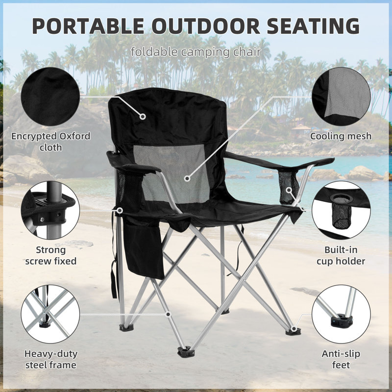 Camp Chairs Outdoor, Folding Chair Camping Recliner Support Mesh Backrest, Lawn Chair with Cup Holder, Storage Pocket, Carrying Bag