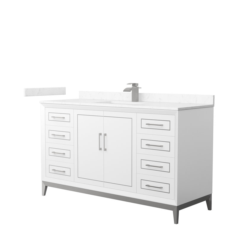 60'' Single Bathroom Vanity with Cultured Marble Top, Brushed Nickel, White, Carrara Cultured Marble